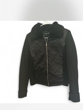 bebe Black Quilted Bomber Jacket with Faux-Fur Collar